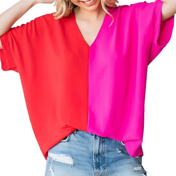HUDSON GRAY PINK & RED COLORBLOCK V NECK BLOUSE, LARGE - Picture 1 of 6